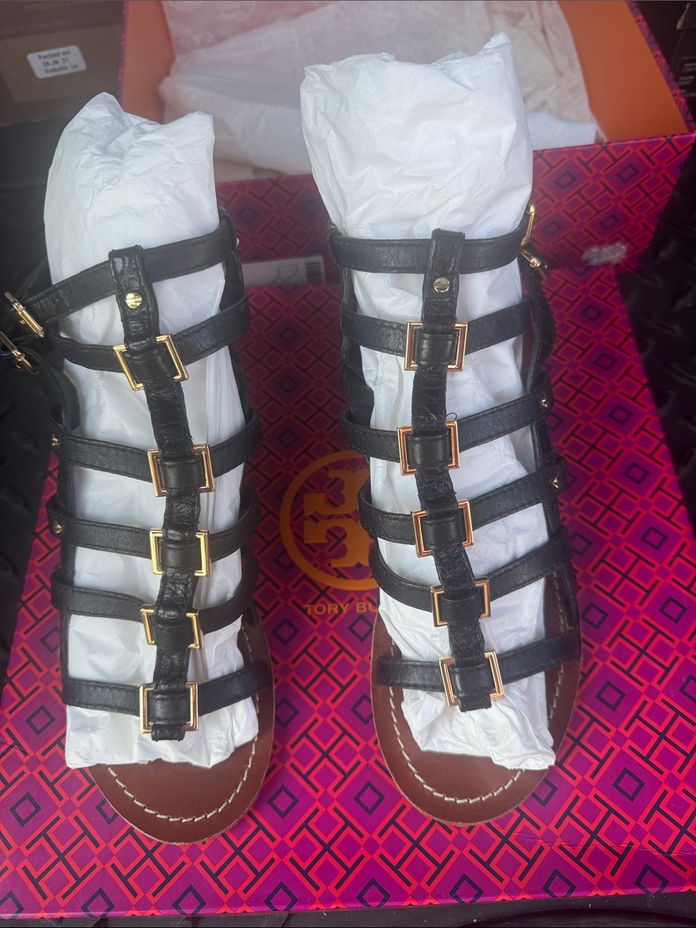 Tory Burch Black Leather Multi-Strap Sandals with Gold Buckles